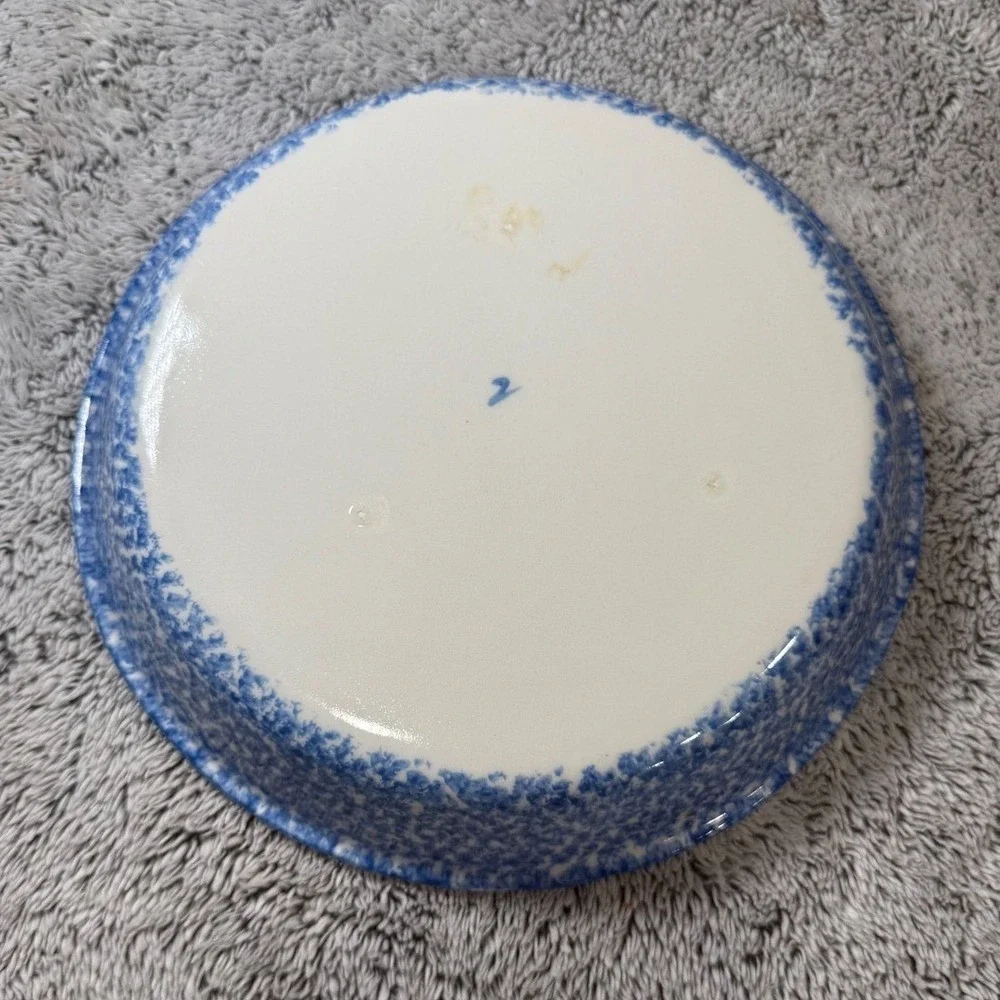 NS Gustin Co Vintage Blue Spongeware Goose Pie Dish Hand Decorated USA 10